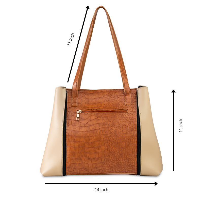 Tasha 3-in-1 glam tote bag in brown showing dimensions for girls and women