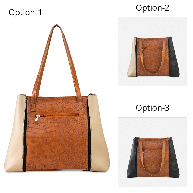 Tasha 3-in-1 glam tote bag in brown with interchangeable flap options for girls and women