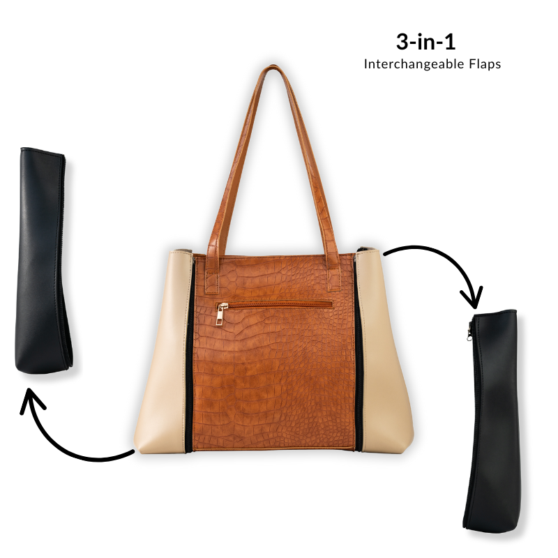 Tasha 3-in-1 glam tote bag with interchangeable brown flaps for girls and women