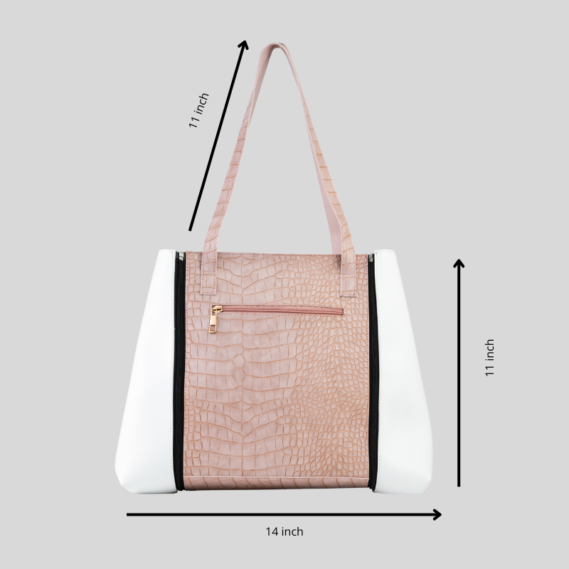 "Tasha 3-in-1 pink glam tote bag – size and dimensions shown for women and girls"